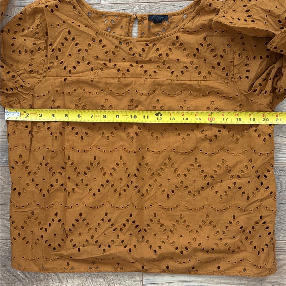 Ann Taylor Mustard Eyelet Cotton Cropped Blouse Top Ruffle Sleeves Sz. Large - Picture 4 of 6